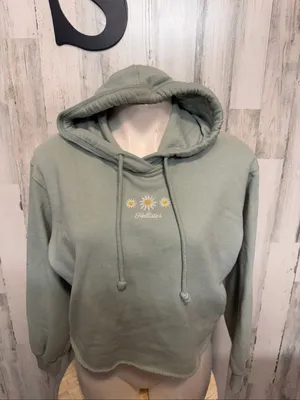 Hollister Embroidered Daisy Raw Hem Cropped Hoodie Womens Small Sage Green thumbnail 5