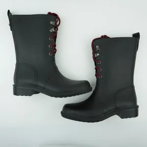 Merona Rain Boots Womens 6 Black Rubber Waterproof Lace Up Red‎ Laces Utility thumbnail 5