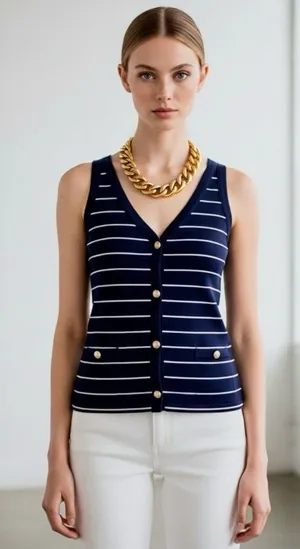Ann Taylor Striped Vest Preppy Lady Tank Top Button Front V-Neck Knit S M L NEW thumbnail 1