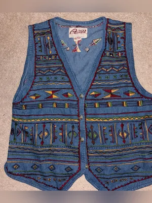 Vtg Asapo Western 100% Cotton Floral Tribal Embroidered‎ Denim Button Up Vest, M thumbnail 4