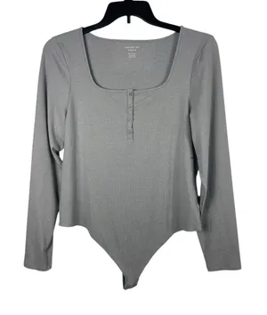 American Eagle XXL Bodysuit Gray Ribbed Long Sleeve Square Neck Henley NWT thumbnail 1