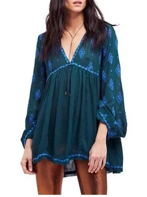 Free People Diamond Embroidered Smock Tunic Top Size Medium Bell Sleeve Bohemian thumbnail 1