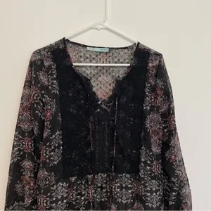 MAURICES Black Geometric Swiss Dot Crochet Lace Up Long Sleeve Peasant Top Tunic thumbnail 2