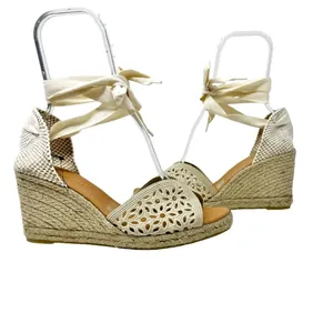 Maypol NEW Crochet Espadrille Wedge Sandals Peep Toe Ankle Wrap Cream Size 41 thumbnail 3