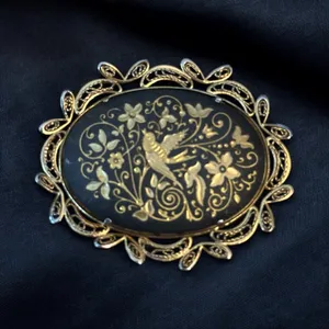 Vintage large oval Damascene bird brooch thumbnail 1