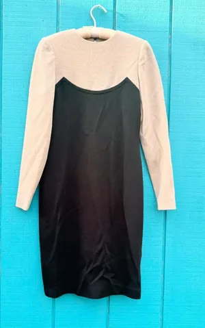 Vintage Bill‎ Blass Colorblock Sheath Dress Tan Black Long Sleeve Quiet Luxury thumbnail 1