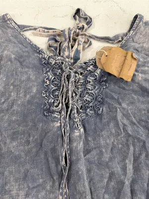 Kori Washed Denim Blue Lace-Up Bell Sleeve Mini Dress thumbnail 6