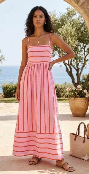 Petal & Pup Pikie Candy Striped Barbie Preppy Maxi Dress Medium. thumbnail 1