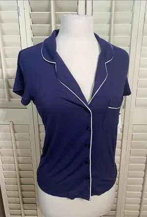 Nordstrom Navy Short Sleeve Pajama Top with White Piping thumbnail 1