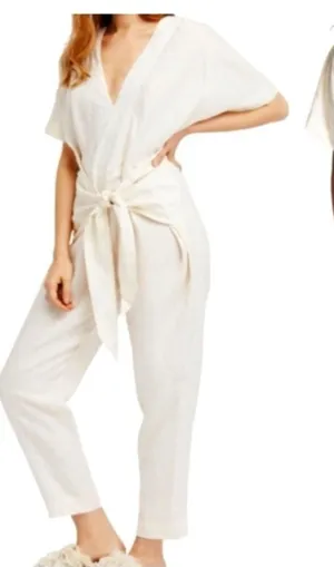 Free People ‘Shining Sun’ Front Waist Tie Linen Blend V Neck Jumpsuit Small thumbnail 1