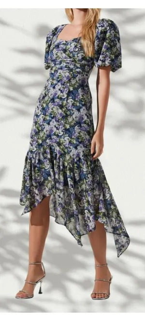 ASTR The Label Size Small Blue Asymmetrical High Low Midi Short Sleeve Dress NWT thumbnail 1