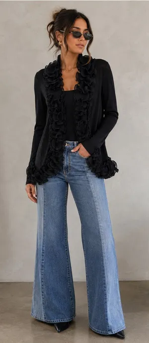 Alberto Makali Size L Black Ruffle Open Front Cardigan Sweater NWOT thumbnail 1