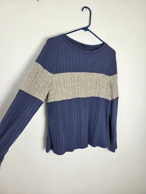 Ultra Soft Ribbed Knit Pullover Sweater Navy Gray Colorblock Stripe Plus 2XL thumbnail 2