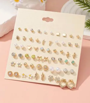 30 Pairs Assorted Minimalist Stud Earrings Set, Faux Pearl, Metal, Rhinestone, Bow, Flower, Musical Note Design, Suitable For Daily Wear And Commuting For Women thumbnail 1
