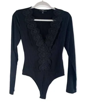 Lulu's Come Back To You Black Lace Long Sleeve Bodysuit S thumbnail 4