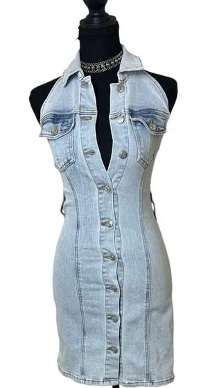 Y2K Forever 21 Light Blue Denim Halter Mini Dress Size XS Casual Cool Girl thumbnail 1