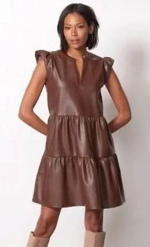 EVEREVE Ella Brown Faux Leather Tiered Babydoll Dress Sz M Boho Chic City Edgy thumbnail 1