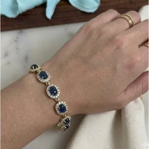 14K Gold Plated XP Womens Halo Link Bracelet‎ Adjustable Blue Oval Stone thumbnail 1