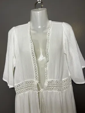 Cute Options Cover Up Womens Small White Crochet Lace Tassel Kimono Duster Boho thumbnail 1