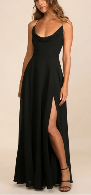Lulus Romantically Speaking Black Cowl Lace-Up Maxi Dress Size M thumbnail 1