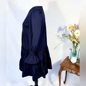 Pomander Place Kenzo Navy Cotton Poplin Tiered Dress Ruffle Sleeve~S🧡 thumbnail 8