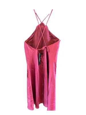 Lulu's Magenta Satin Rosette Halter Dress with Rosette thumbnail 3