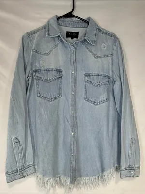Risen Light Blue Denim pearl snap Button Shirt Distressed Size M thumbnail 1