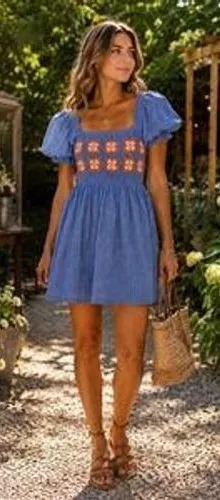Karlie Blue Cotton Eyelet Crochet Granny Square Puff Sleeve Mini Dress S Cottage thumbnail 1