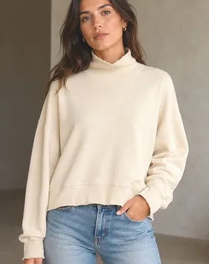 FRAME‎ Sweatshirt Womens S Cream Mock Neck Pima Cotton Oversized Distressed Vtg thumbnail 1