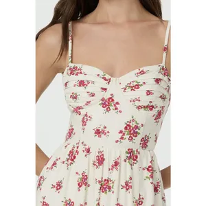 ASTR The Label Ivory Pink Red Floral Pleated Sweetheart Midi Dress Strappy M thumbnail 2