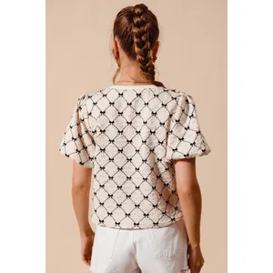 SO ME Bow Texture Woven Bubble‎ Sleeve Top - Ivory - Large thumbnail 8