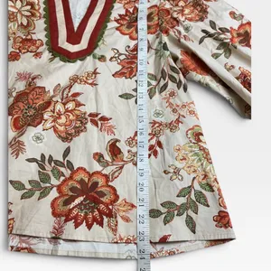 Entro Floral V-Neck Balloon Sleeve Fall Blouse Tan Orange Red Small thumbnail 5