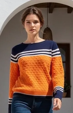 Orange Navy Blue Striped Honeycomb Knit Pullover Sweater‎ Women Crew Neck 0252 thumbnail 1