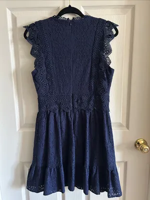 Andree by Unit Navy Cottage Eyelet Mini Dress Med Indie Cotton Blend Boho-Chic thumbnail 8