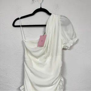 Hello Molly Not Fair On Me White One Shoulder Mini Dress Womens 6 Ruched Ruffled thumbnail 5
