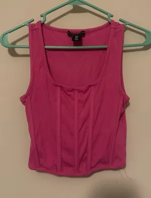 Sincerely Jules Hot Pink Corset Ribbed Tank Top Crop Scoop Neck Faux Boning Sz S thumbnail 1