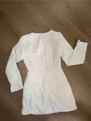 Textured Ivory Long Sleeve Mini Dress with Trim thumbnail 3
