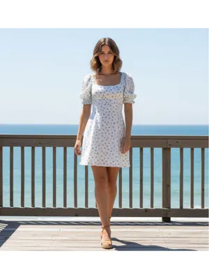 Altar’d State “Shianna” White Blue Ditsy Floral Puff Sleeve Mini Dress Size M thumbnail 2