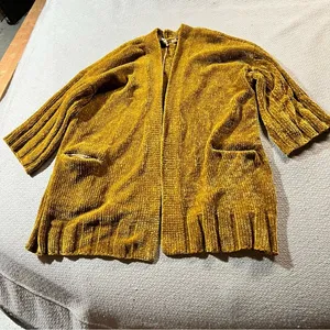Moth Anthropologie Golden Mustard Yellow Velour Velvet Chunky Open Cardigan XS thumbnail 1