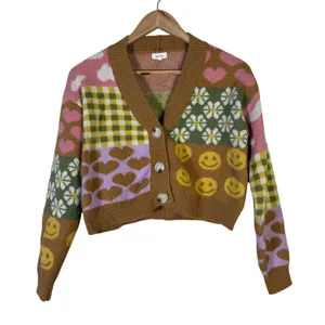 Debut Quirky Patchwork Cropped Cardigan Womens XS Brown Pink Retro Indie Whimsy thumbnail 3