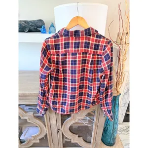 NWT Birds of Paradis Trovata Logan Henley Flannel Shirt Womens Red Blue XS thumbnail 3