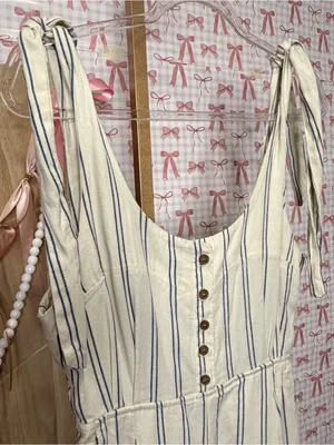 Free People Cream & Navy PinStriped Linen Tie-Shoulder Wide Leg Crop Jumpsuit 2 thumbnail 2