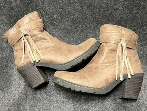 Womens Ankle Boots Taupe Faux Leather Heeled Booties with Tassels Size 7.5‎ thumbnail 1