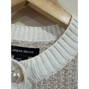 Urban Revivo Prep Short Sleeve Pearl Button Cardigan Sweater Beige White Medium thumbnail 6