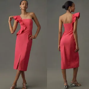 NWT By Anthropologie One-Shoulder Ruffle Linen Column Midi Dress pink‎ sz XL thumbnail 2