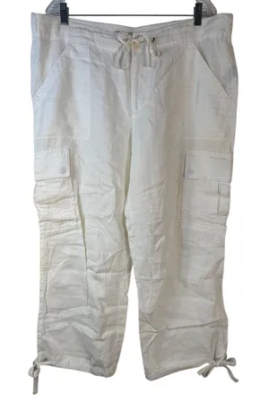 Lauren Ralph Lauren Ivory 100% Linen Cargo Pants Womens XL Drawstring Tie‎ Cuff thumbnail 1