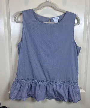 KENAR Top Blue Striped Nautical Coastal Gypsy Bohemian Women Large Peplum Shirt‎ thumbnail 1