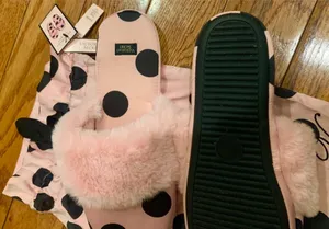 Victoria's Secret Signature Satin Slippers Pink/Black Polka Dot /Faux Fur M7/8 thumbnail 7