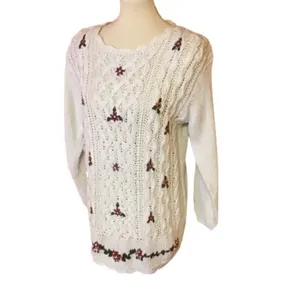 Vintage 90s Cottagecore Floral Embroidered Sweater Cream Knit Cozy Boho thumbnail 2