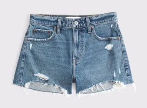 Abercrombie | The 4" Mom High Rise‎ Distressed Denim Shorts in Blue thumbnail 1